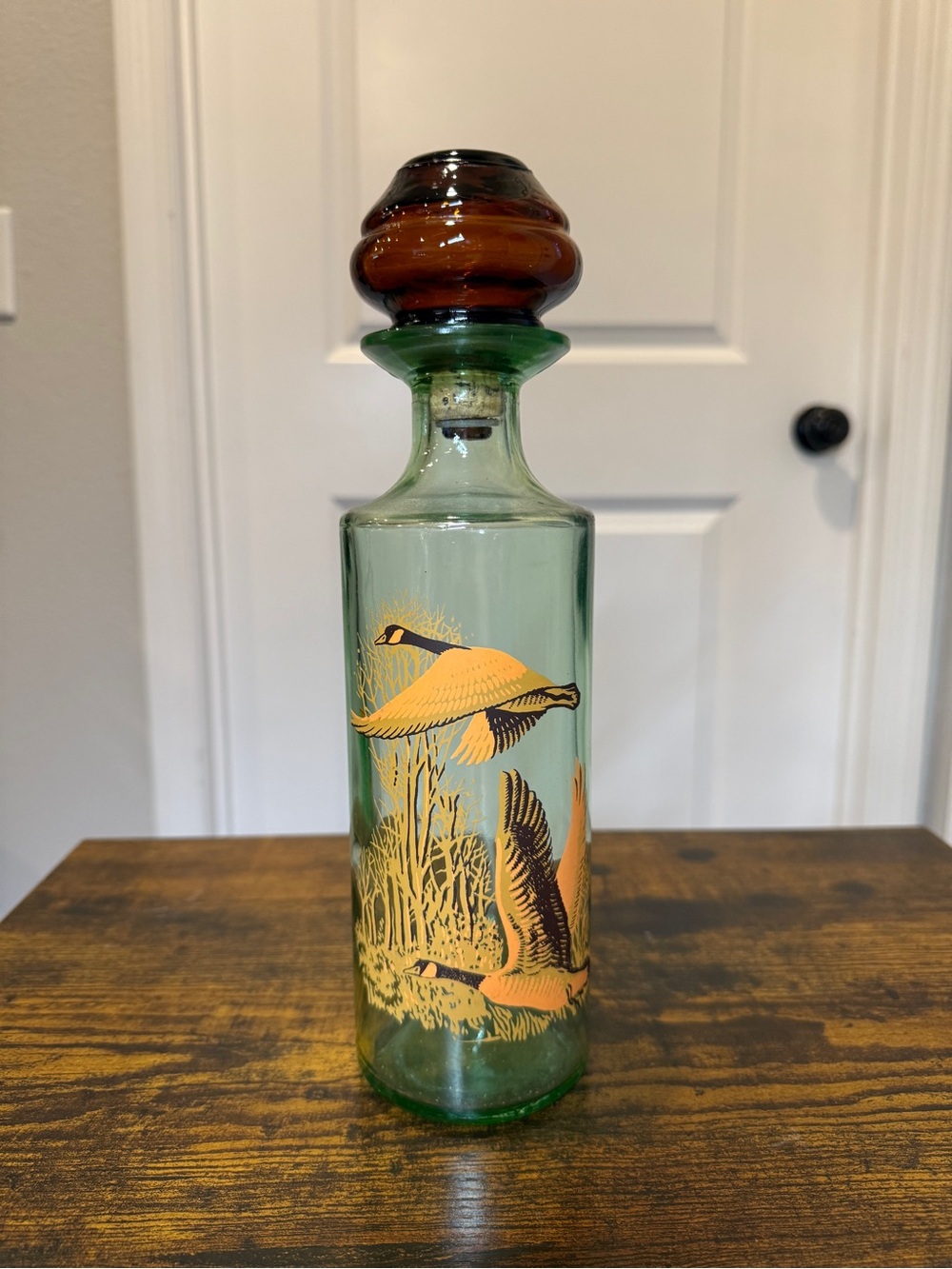 Vintage 1960s Green Glass Canada Goose Decanter Amber Glass Stopper Wildlife